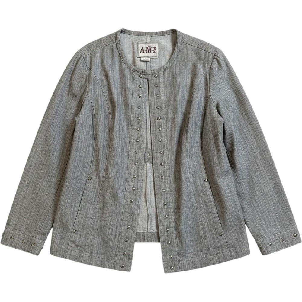 A.M.I. Denim Jacket XL Grey Studded Collarless Herringbone Texture Boho Western